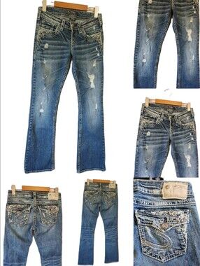 Silver Jeans Co Tuesday Low Rise Bootcut W25 Y2K McBling Embroidered Distressed